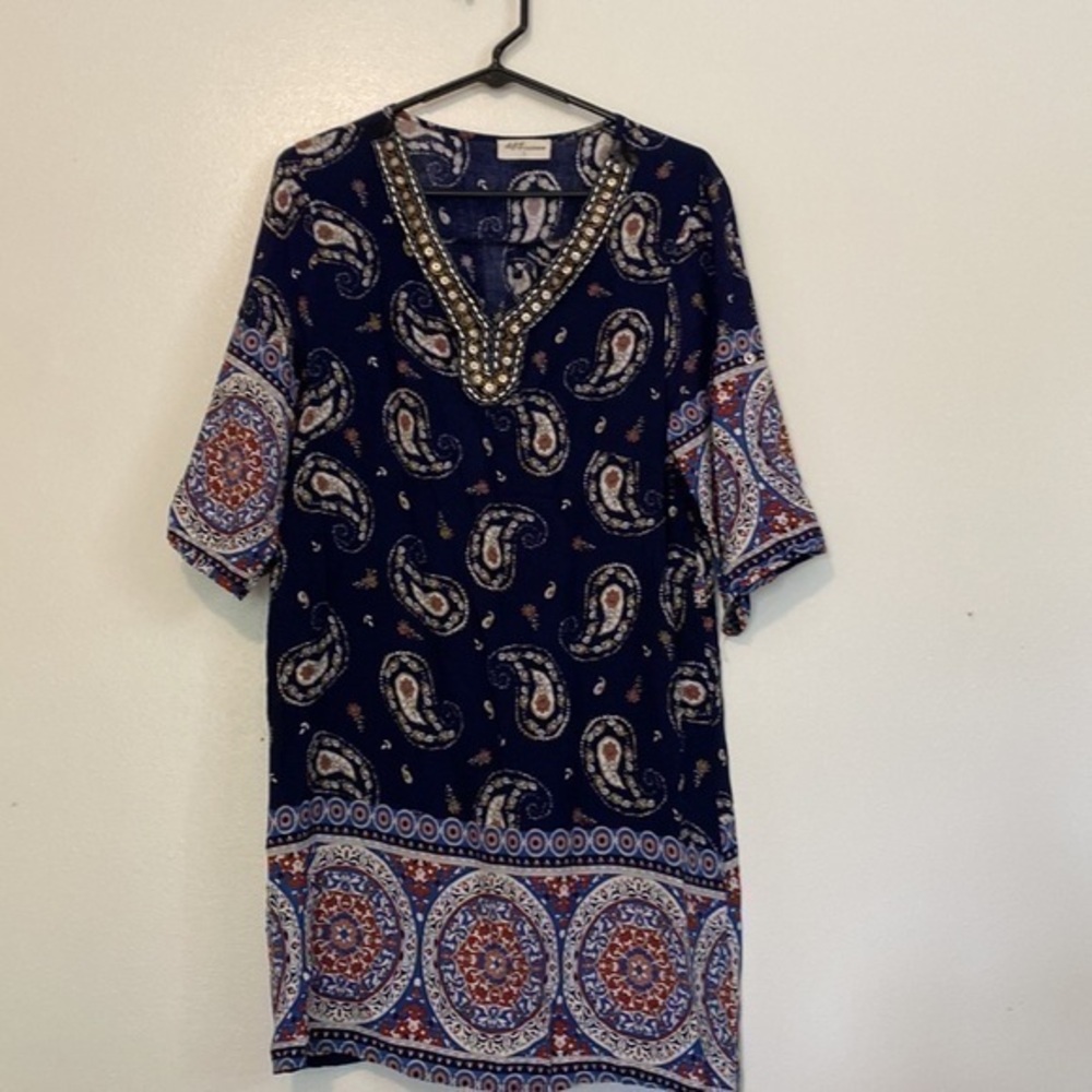 Ace Fashion beaded boho roll up sleeve slip over dress 100% viscose lg